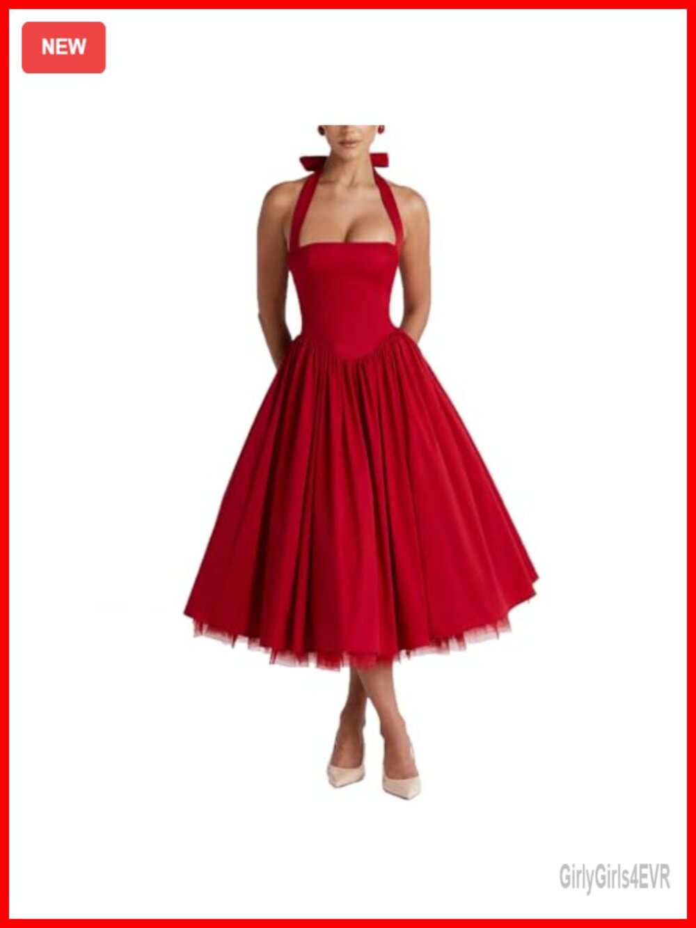 Women Halter Tulle A-Line Tea Length Formal Prom Dress Sleeveless Backless